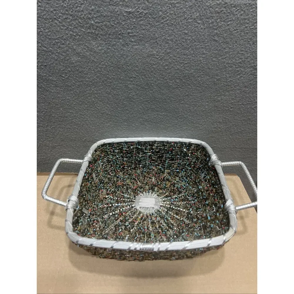 Beautiful Tray Multi Bead Art Silver Metal Woven Basket Made In India Set Of 2